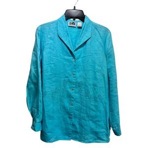 Edward 100% Irish Linen Resortwear Nautical Button Up Top M Aqua‎ Long Sleeve